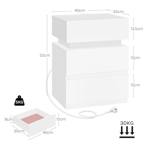 Woltu Table de nuit avec prise et éclairage LED - Blanc - 40 x 35 x 55 cm - 2 tiroirs et 1 compartiment de rangement - Moderne et multifonctionnel