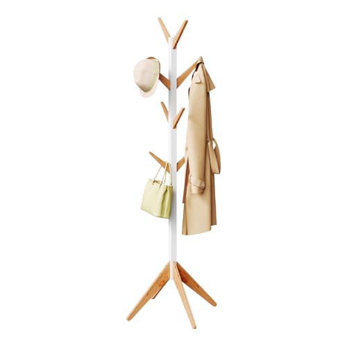 Porte-manteau vertical Woltu avec 8 crochets - Bois massif blanc + naturel - Hauteur 180 cm