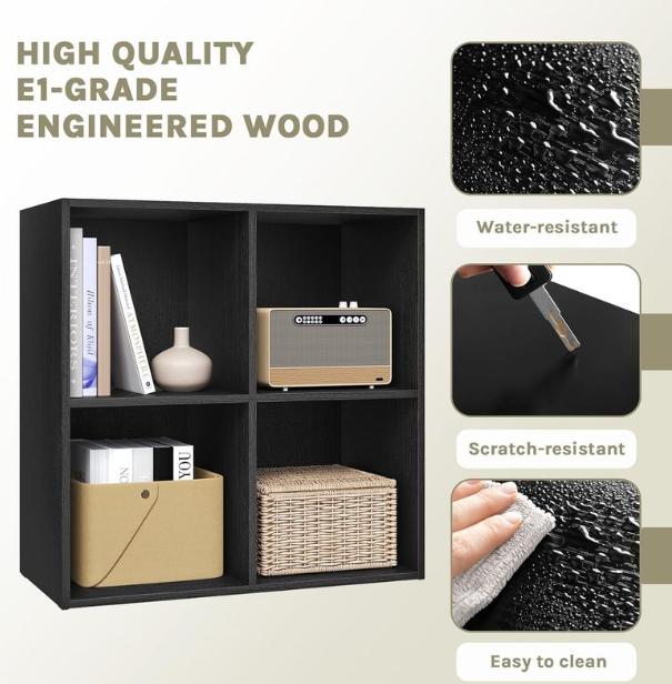 Woltu Bookcase with 4 Compartments - Low Storage Cabinet 59.6 x 29 x 59.8 cm - Multifunctional Wooden Cabinet - Scandinavian Design - Black