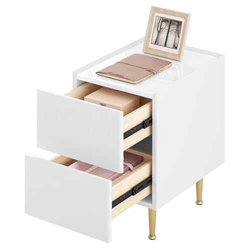 Woltu Table de nuit avec 2 tiroirs High Gloss - Bois PVC + Métal Blanc + Or - 30 x 40 x 51 cm