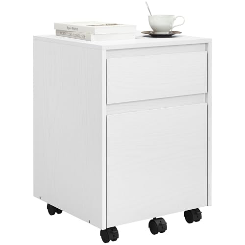 Woltu Rolling Drawer Cabinet ASK11ws - Conteneur de bureau mobile avec 2 tiroirs - Blanc - 40 x 56 x 40 cm