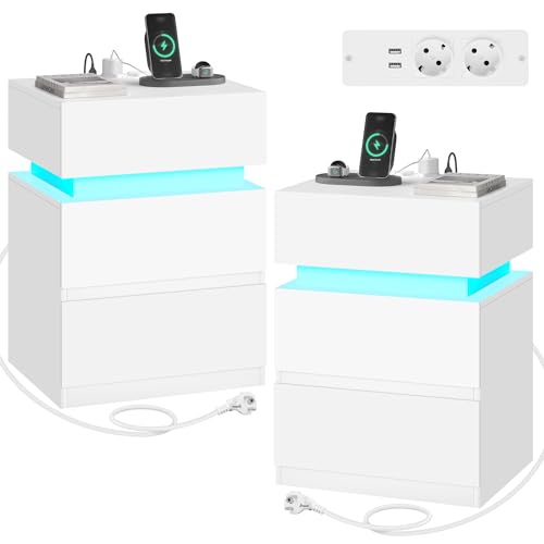 Woltu Table de nuit avec prise et éclairage LED - Blanc - 40 x 35 x 55 cm - 2 tiroirs et 1 compartiment de rangement - Moderne et multifonctionnel