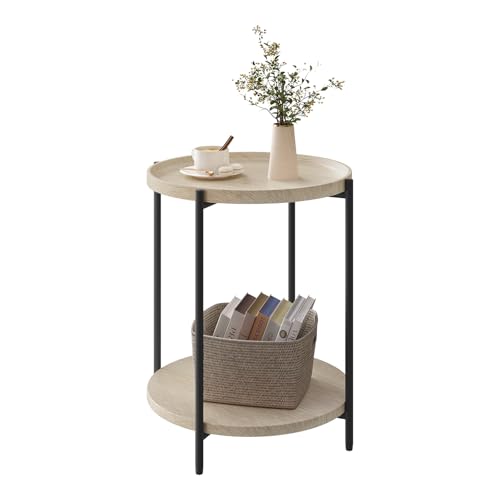 Table basse ronde Woltu avec 2 plateaux - Plateau amovible - Métal et chêne clair - Ø 43 cm