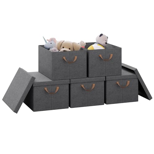 Woltu Storage Boxes Set of 5 - Grey Foldable Boxes with Lid and Handles - Fabric Storage Baskets 43 x 26 x 33 cm