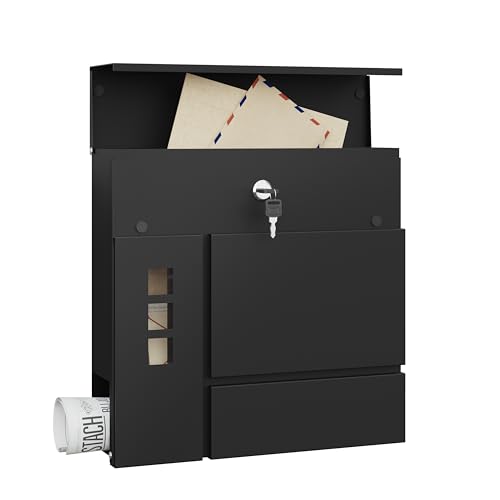 Boîte aux lettres Woltu avec compartiment pour journaux - Noir moderne - 37 x 37 x 10,5 cm