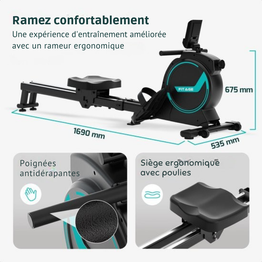 Rameur - FITAGE - 16 niveaux de résistance magnétique - Silencieux 15 dB - Pliable et ergonomique - Noir