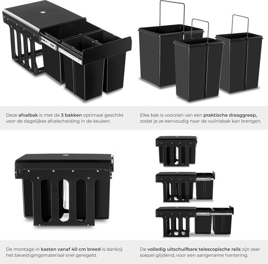 tectake® Collecteur de déchets - Poubelle encastrée - Séparation multiple des déchets - Solution de rangement efficace pour la cuisine et le bureau - Poubelle triple avec rails télescopiques - 2x 8L + 1x 15L
