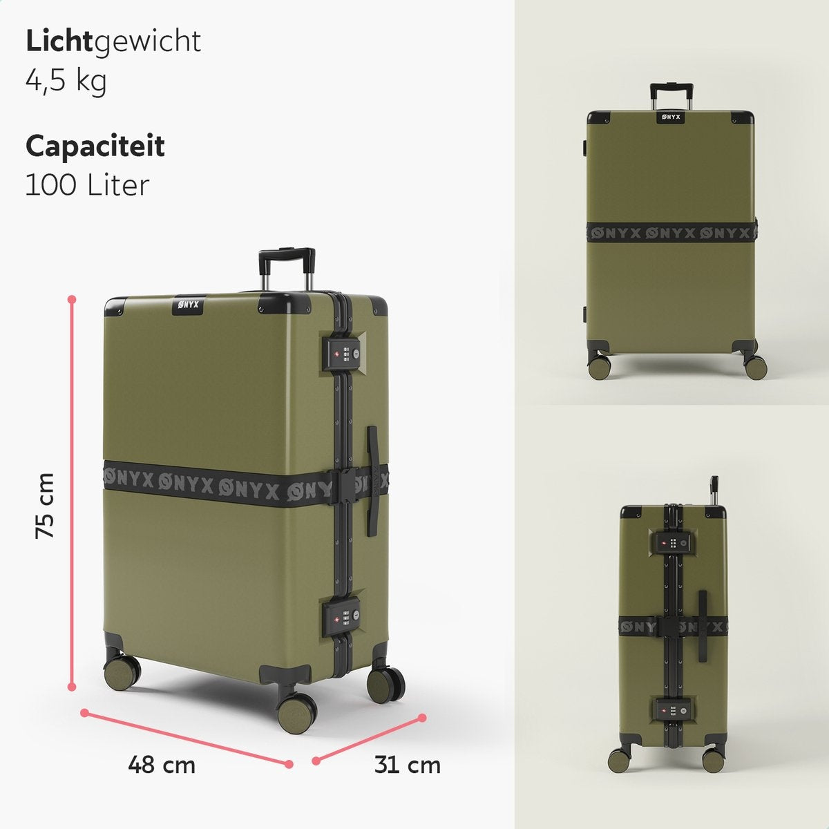 Valise bagage à main ONYX 100L - Ensemble de valises - léger - Serrure TSA - aluminium - Vert olive