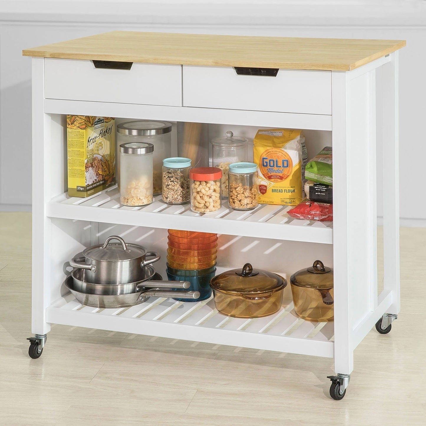 SoBuy - Ilot de cuisine sur roulettes - 100 x 60 x 94 cm - Blanc et bois composite - Chariot de cuisine mobile avec meuble de rangement - Pour cuisine et réserve