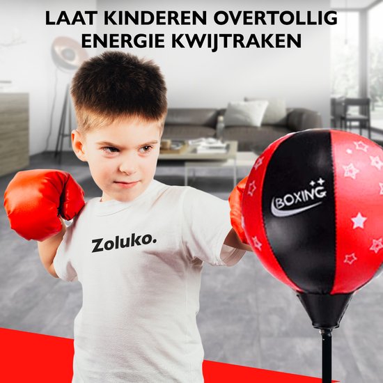 Zoluko Ballon de boxe sur pied pour enfants - Gants de boxe et pompe gonflable inclus - Hauteur réglable - Pour l'intérieur et l'extérieur - Ballon de boxe sur pied - Entraîneur de boxe - Perche de boxe - Set de boxe pour enfants - Ballon de boxe sur pied