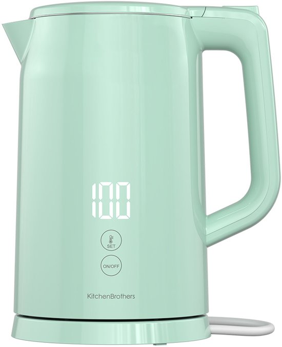 KitchenBrothers Bouilloire - 1,7L - Avec contrôle de la température - Électrique - Fonction maintien au chaud - Affichage - Double paroi - Cool-touch - 2200W - Vert pastel