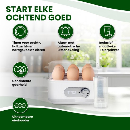 TTD® Smart Egg Boiler Electric with Timer - Convient pour 1 à 6 oeufs - à la coque, à la molle ou semi-molle - Egg timer - Egg Boiler Electric - Comprend un coquetier et un gobelet gradué