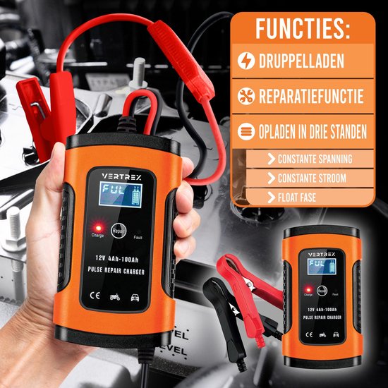 VERTREX Chargeur de batterie - Chargeur de secours - Convient à la moto, à l'auto et au scooter - 12V 6A