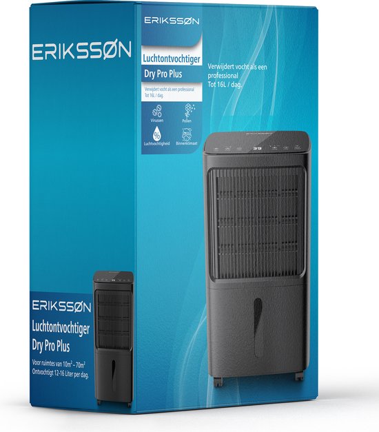 Déshumidificateur - Erikssøn - Déshumidifie jusqu'à 16 litres par jour - Fonction Séchage - Noir