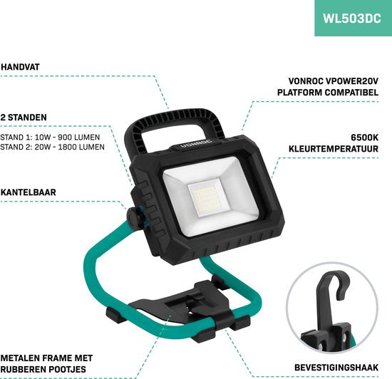 VONROC Lampe de chantier à batterie 20V - LED - 20W - 2 modes : 900/1800 lumens - inclinable - grand angle de rayonnement - Sans batterie ni chargeur