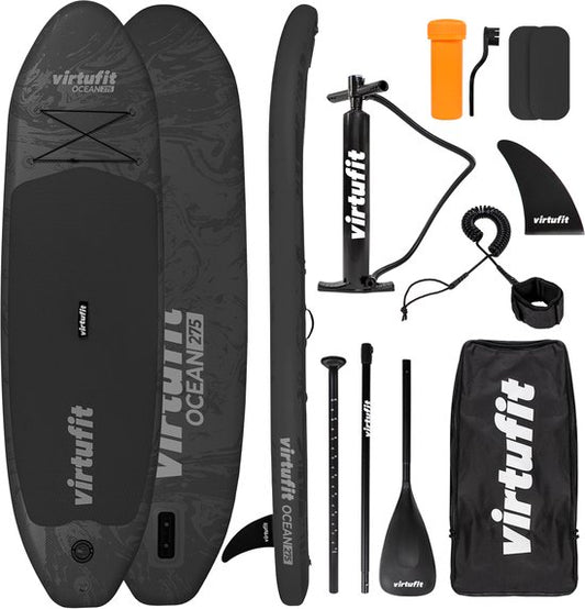 Planche de SUP gonflable VirtuFit Ocean 275 cm - Poids max. 150 kg - Kit complet - Pompe, pagaie, sac de transport, accessoires et support GoPro inclus - Planche de Stand Up Paddle - Noir