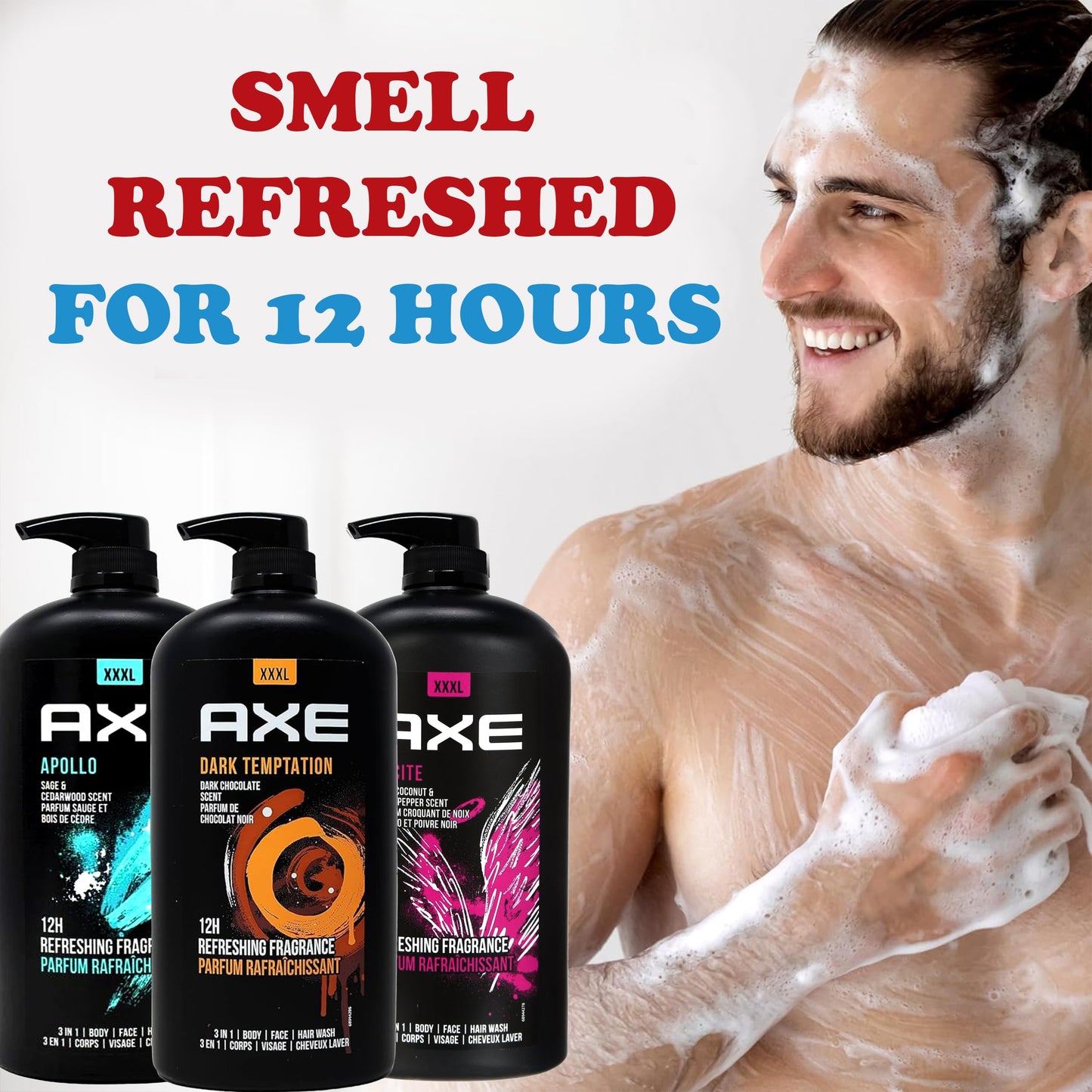 Gel douche Axe - Hommes - 3 en 1 - XXXL - Flacon pompe - Lot de 3 - Noir