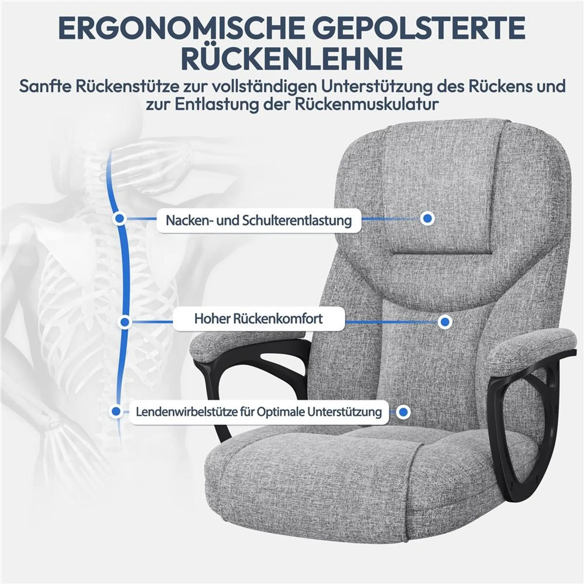 Chaise de bureau ergonomique avec accoudoirs, pivotante à 360°, réglable en hauteur et dotée d'une fonction de balancement, grise
