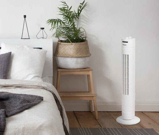 Bestron Ventilateur de tour, Ventilateur avec 3 vitesses et fonction de rotation de 75°, minuterie incluse, hauteur : 78 cm, 35W, AFT760W, couleur : blanc