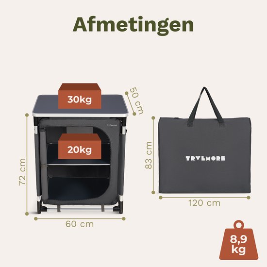 TRVLMORE Meuble de camping - Cuisine de camping - Capacité de charge de 70 kg - Structure en aluminium - Pliable - Sac de transport inclus - 50 x 60 x 72 cm - Gris