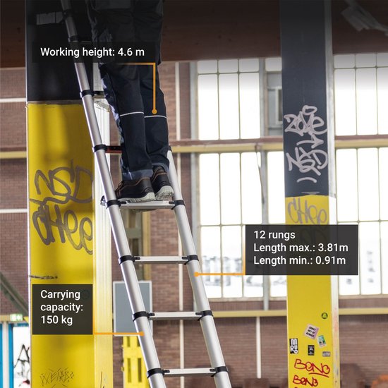 Batavia Échelle télescopique 3,81 m - Convient pour l'intérieur et l'extérieur. Légère, compacte, construction en aluminium et sûre - Giraffe Air® Pro