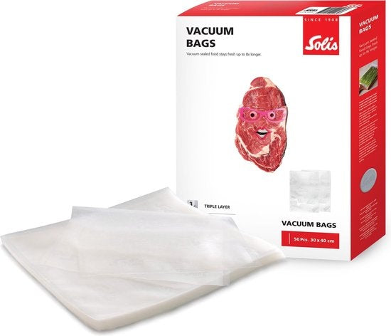 Solis Vacuumzakken Voedsel 30 x 40 cm - Geschikt voor Diepvries, Magnetron en Sous Vide Koken - BPA-Vrij - Drielaags Vacumeerzakken - Vacuum Opbergzakken - 50 Stuks