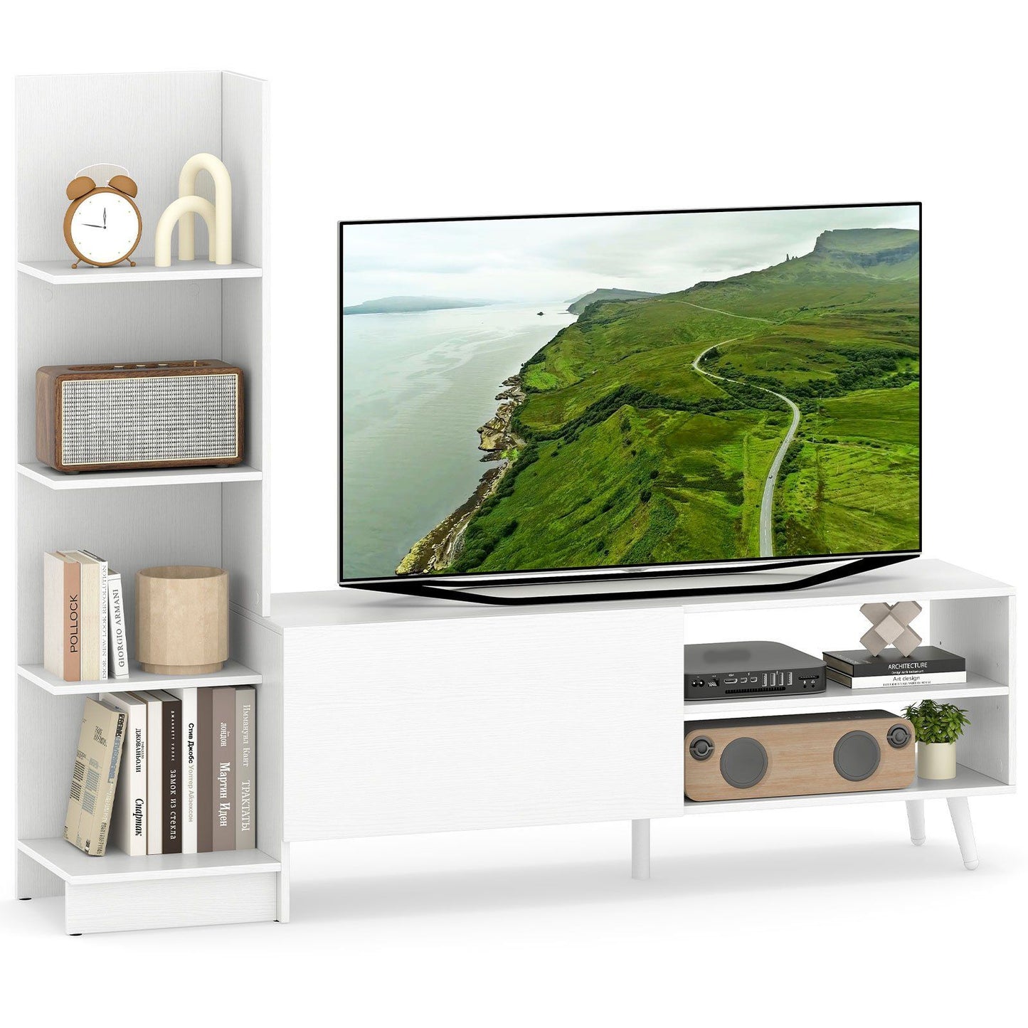 coast Living Meuble TV mural - Blanc - 140 x 31 x 115,5 cm - TV jusqu'à 50 pouces - Bibliothèque et étagère réglable