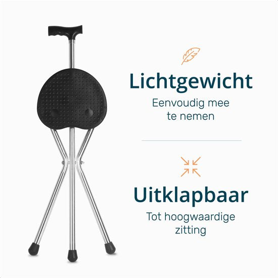 Bâton de marche pliant avec siège - Noir - 90 CM de haut - Pour personnes âgées
