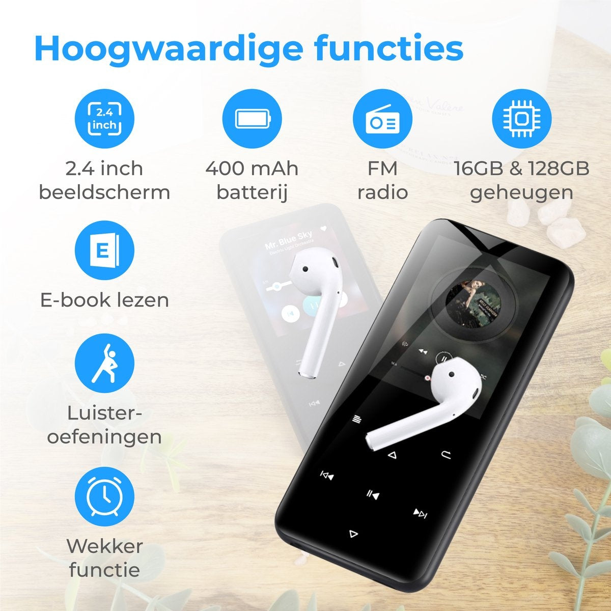 Nuvance - Lecteur MP3 Bluetooth - Mémoire interne 16GB - Support jusqu'à 128GB - Enregistreur vocal numérique - avec radio FM - Noir