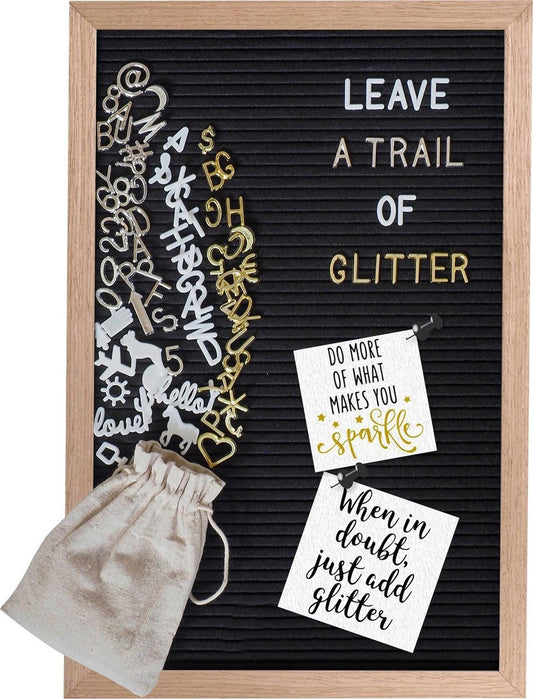 Gadgy Letterbord Zwart Vilt - Houten lijst 30x45cm - Inclusief 570 Kleuren Letters en 100 Icoontjes - Wanddecoratie Woonkamer - Leuk Cadeau - Verjaardagscadeau