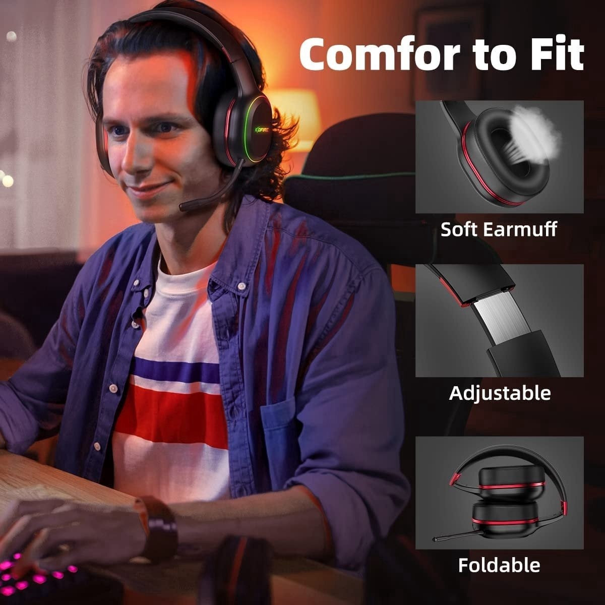 Kofire UG-05 Casque de jeu sans fil 2,4GHz - Casque Bluetooth - Microphone détachable - Convient pour PS4/PS5, Nintendo Switch - Noir - Rouge