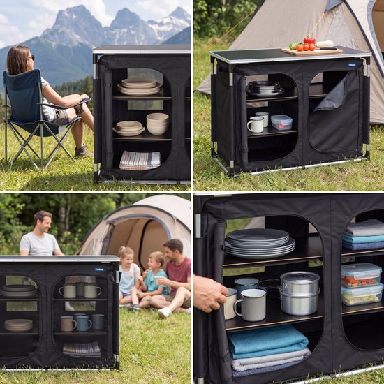 Cuisine de camping d'extérieur – Meuble de camping – Cuisine d'extérieur – 6 compartiments – Structure en aluminium – Pieds réglables – Gris - Tristar KI-0769