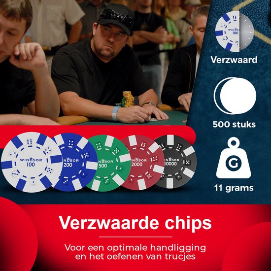 Set de poker Windsor - 500 jetons - Tissu de poker - Blinds - Cartes - Jetons de poker - Jetons de poker