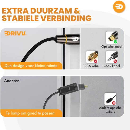 Drivv. Câble optique Toslink Premium en nylon - Câble audio optique - Câble audio optique - Barre de son - Mâle-mâle - 5 mètres - Noir