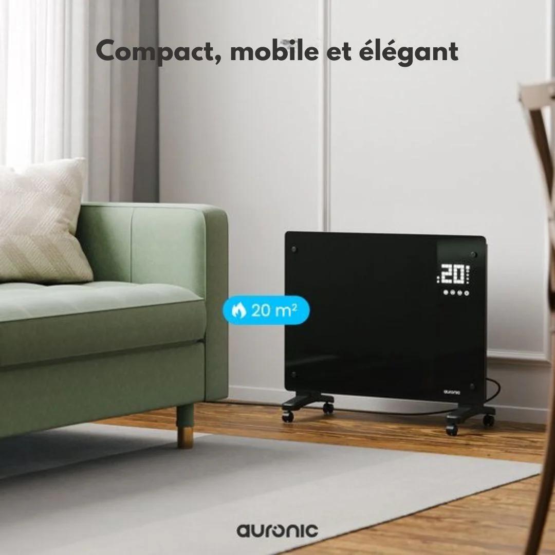 Chauffage électrique Auronic - Convecteur - Thermostat et télécommande - Radiateur à panneau en verre - 1500 W - Noir