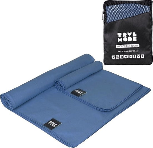 TRVLMORE Set de serviettes de voyage en microfibre - 2 pièces - Petit (40 x 80 cm) et Grand (76 x 150 cm) - Microfibre - Bleu foncé