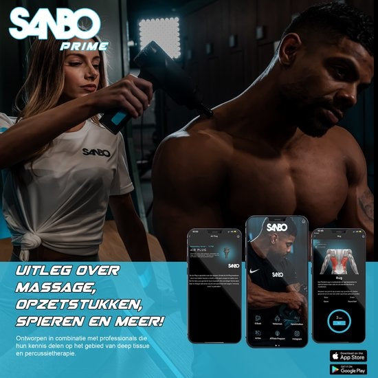 Sanbo Massage Gun Prime - Massage sportif et relaxant - Noir/Bleu - Professional- Includes Case & App - Appareil de massage - Pistolet de massage - Fitness