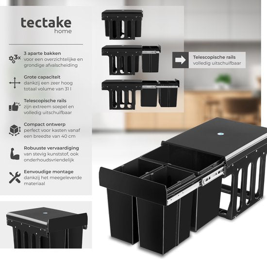 tectake® Collecteur de déchets - Poubelle encastrée - Séparation multiple des déchets - Solution de rangement efficace pour la cuisine et le bureau - Poubelle triple avec rails télescopiques - 2x 8L + 1x 15L