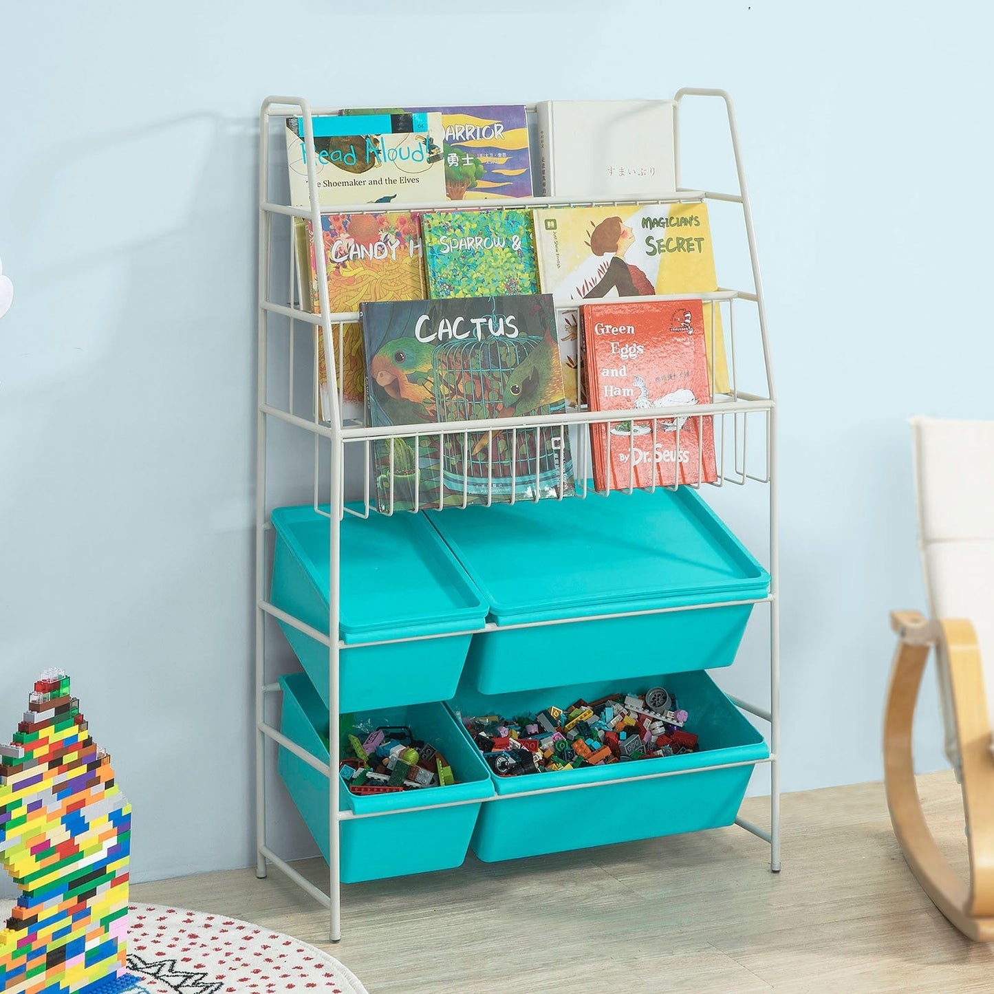 SoBuy Rack de rangement pour enfants - Avec bibliothèque - Max. 50 kg - 61 x 25 x 102 cm - Bleu / Blanc