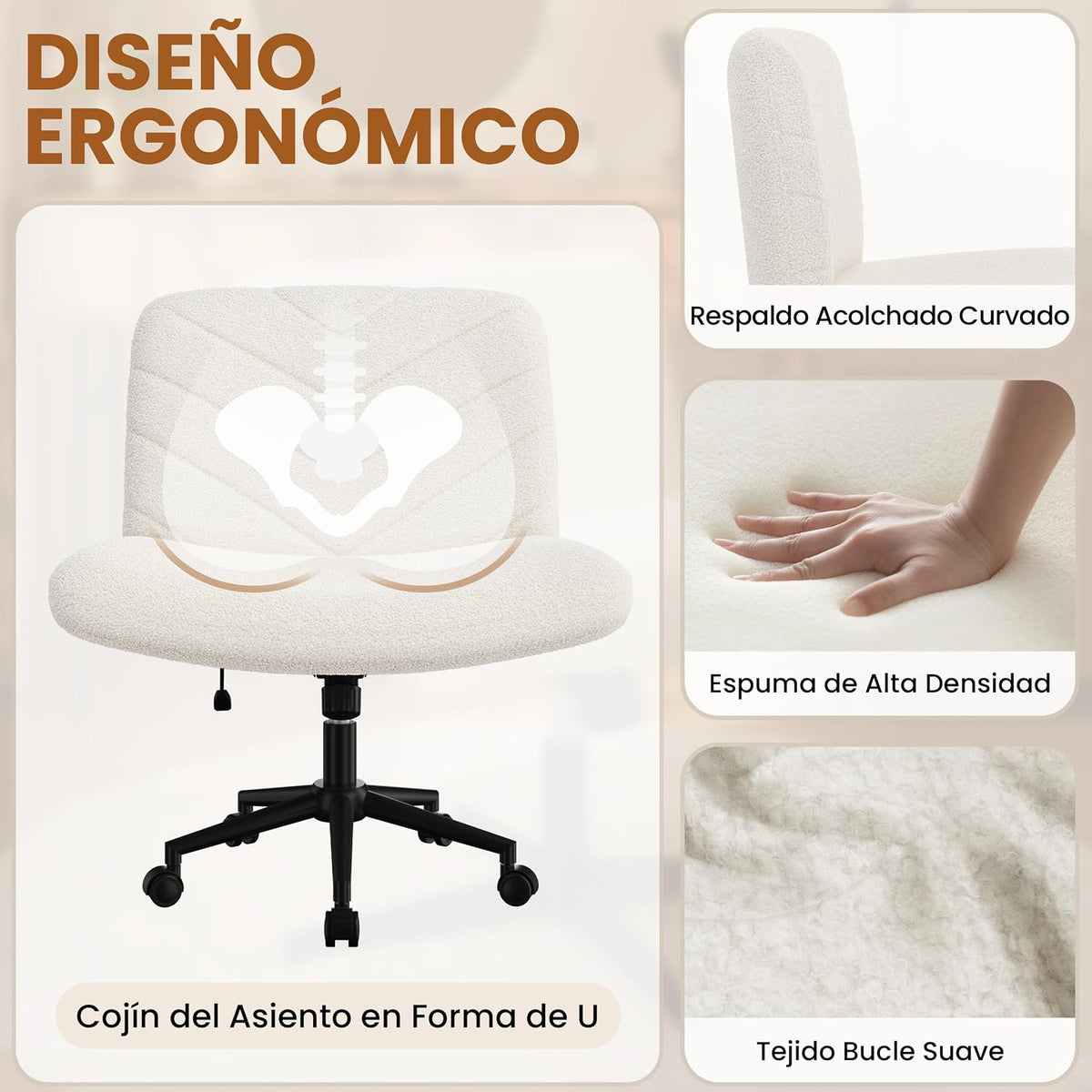 Chaise de bureau Yaheetech à roulettes et à large assise 66 × 65 × 92 cm, blanc ivoire