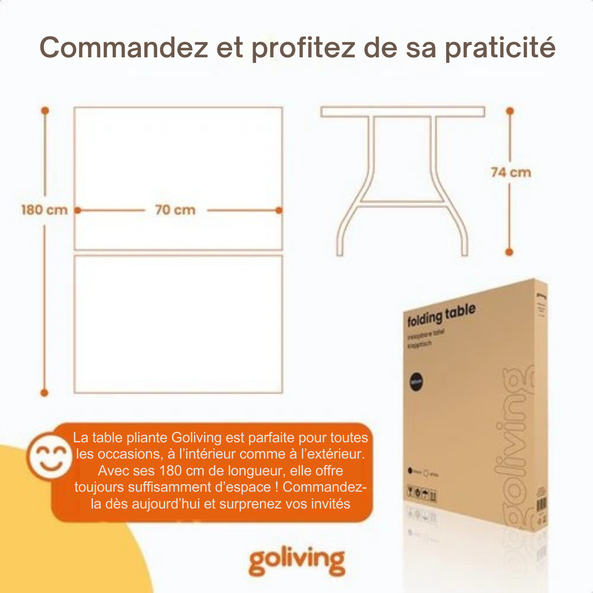 Table pliante - Goliving - Table de camping - Table d'extérieur / intérieur - Résiste aux intempéries - 180 x 70 x 74 cm - Noir