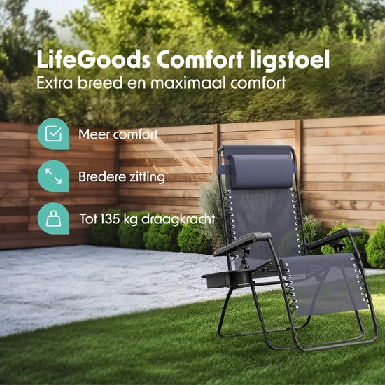 LifeGoods Fauteuil de jardin pliable - Chaise longue de jardin - 30°-90° réglable - Métal - Bleu