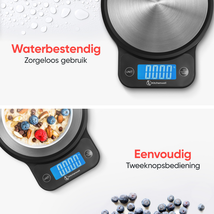 Balance de cuisine Kitchenwell - Numérique - 1 g à 10 kg - Écran LCD - Résistante à l'eau