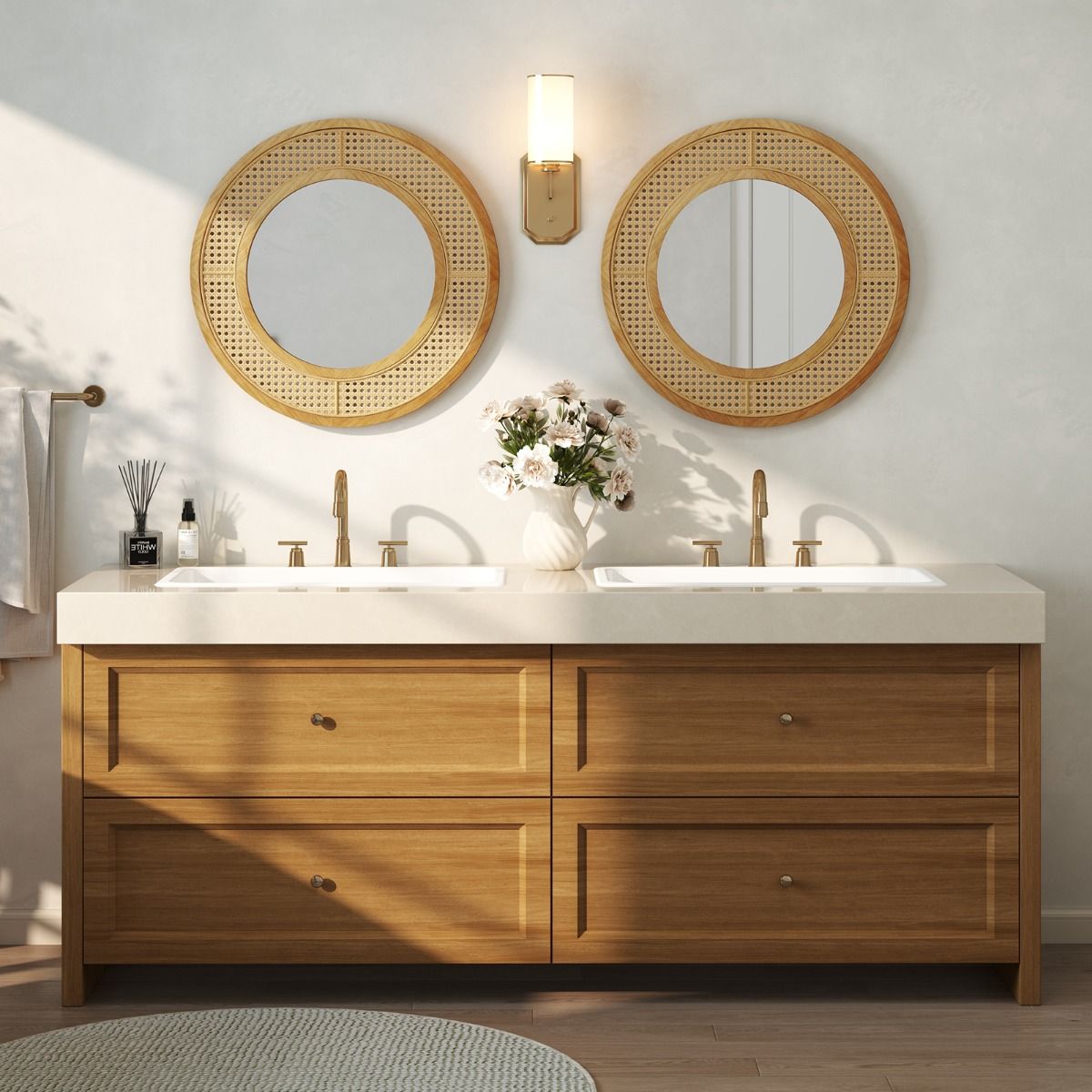 Miroir mural rond Coast - Décoration en rotin - Cadre en bois - 65 cm Naturel