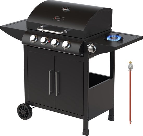Barbecue à gaz KitchenBrothers - Avec 5 brûleur - Raccordement au gaz - 42x57cm surface de cuisson - Noir