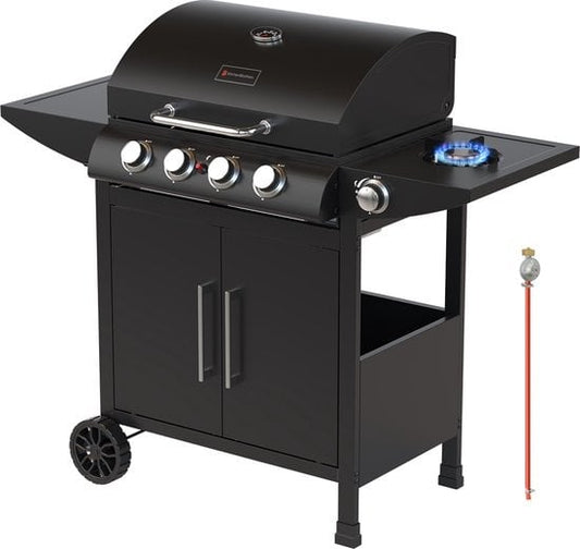 Barbecue à gaz KitchenBrothers - Avec 5 brûleur - Raccordement au gaz - 42x57cm surface de cuisson - Noir