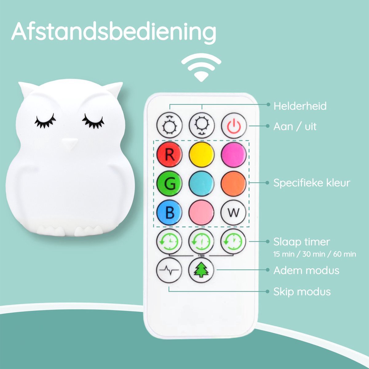 Veilleuse Sleepy Friends Children's Owl - Veilleuse Dimmable Bébé et Enfant - 8 Couleurs - Rechargeable par USB - Télécommande tactile - 95 x 97 x 100 mm - 169g