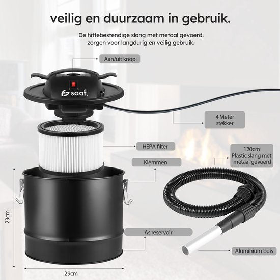 Aspirateur à cendres - Puissance 800W - Aspirateur à cendres - avec système de filtre HEPA - Tube en aluminium - Aspirateur à cendres pour poêle à pellets - 15L - Noir - de Saaf