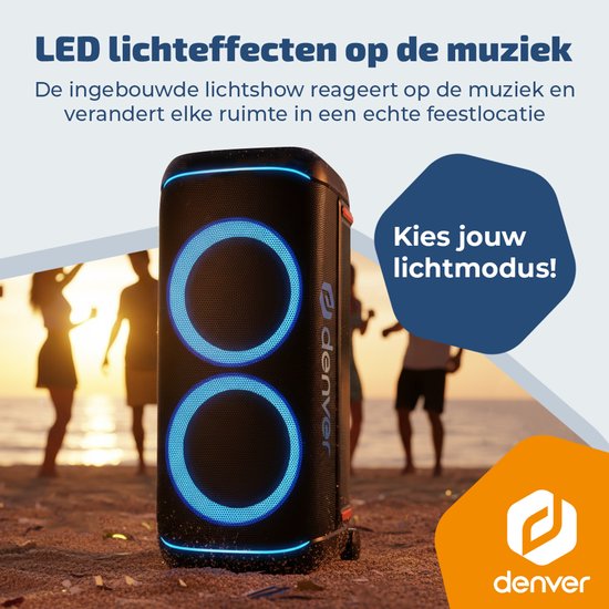 Enceinte Bluetooth Denver Party Box - Lumières disco - Partybox - Microphone inclus - Haut-parleur - BPS470