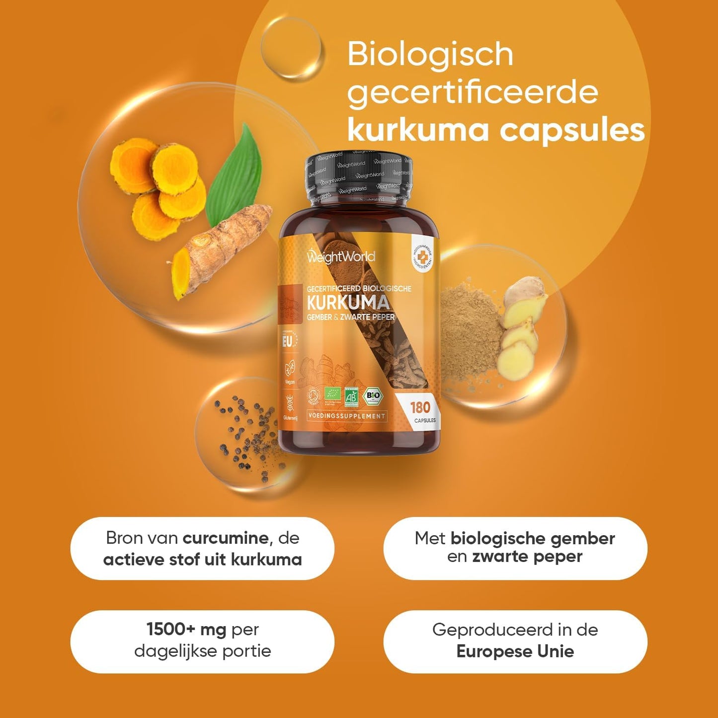 WeightWorld : gélules de curcuma biologique 1 520 mg – Au gingembre et au poivre noir – 180 gélules végétaliennes – 3 mois